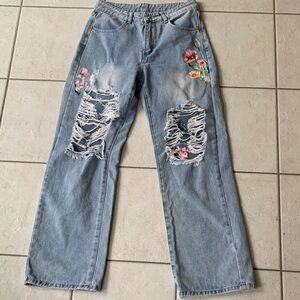 Floral, silver chain & rhinestone detail high waist wide leg Jeans